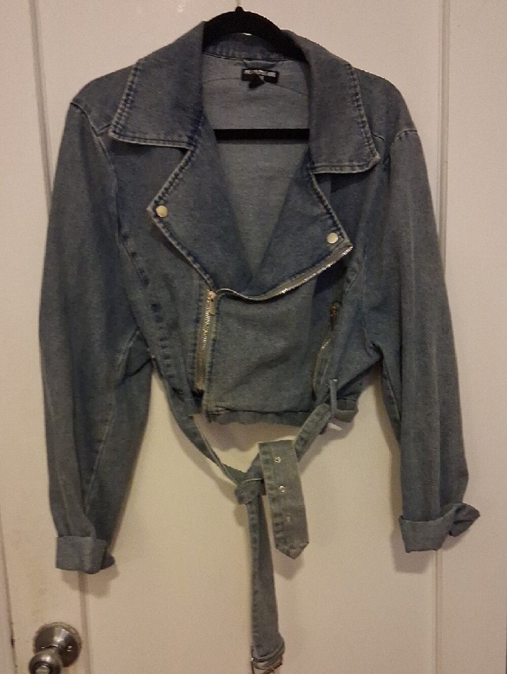 Upcycled PrettyLittleThing denim asymmetrical jacket Yugi Muto patch on back XL - Picture 4 of 5